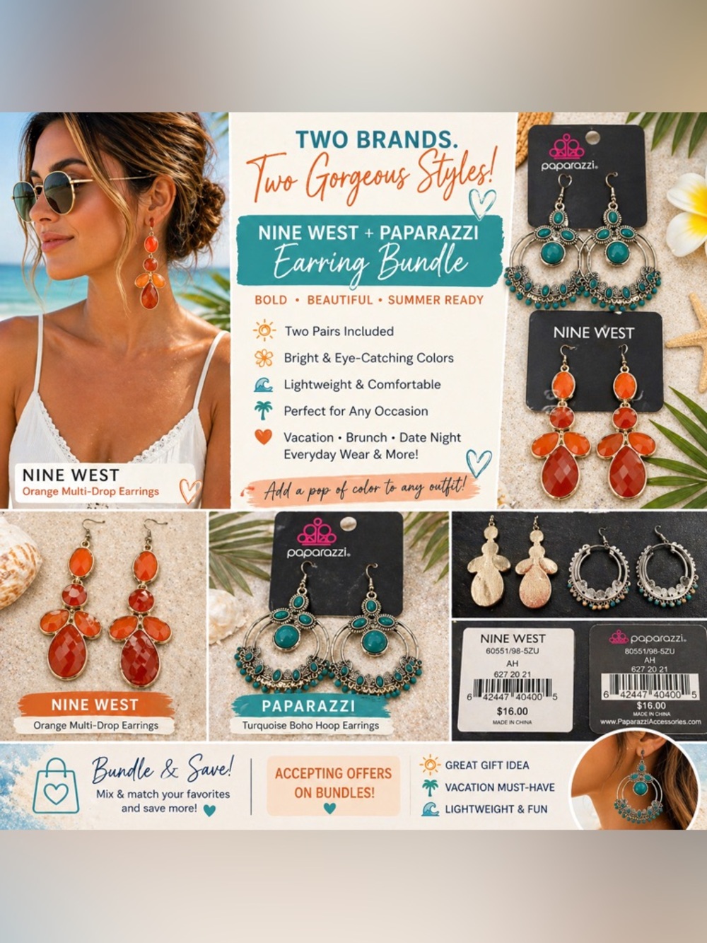 Nine West & paparazzi Orange Multi-Drop Earrings — Orange & Turquoise Bundle